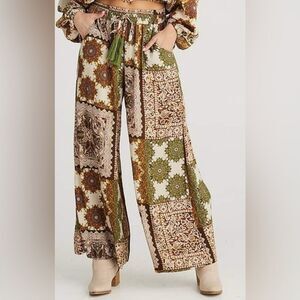 Talisman Freedom Paisley Gardens Crepe Elastic Tie Waist Wide Leg Pants